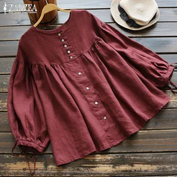 ZANZEA Vintage Lanterne Ærme Shirts til Kvinder Bluser 2021 Foråret Knappen Plisserede Chemise Female Tunika Toppe Plus Size Sengetøj Blusas