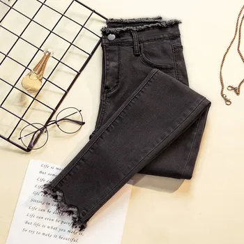 Kvast Høj-Taljen Skinny Jeans Kvinde Smarte 2020 Koreansk Mode Denim Blyant Bukser Kvinde Grå Sort Solid Plus Size Damer Jean