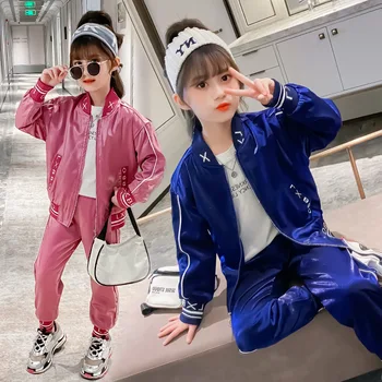Thanksgiving Kids Tøj 2020 Forår og Efterår Nye Piger Sætter koreanske Lange ærmer Lynlås Lyse Silke Mode To-delt Outfits