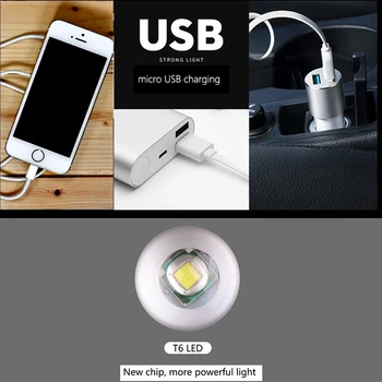 USB-Genopladelige LED-Lommelygte Med T6 LED-Indbygget lithium batteri 1200mAh Vandtæt camping lys Zoomable Fakkel