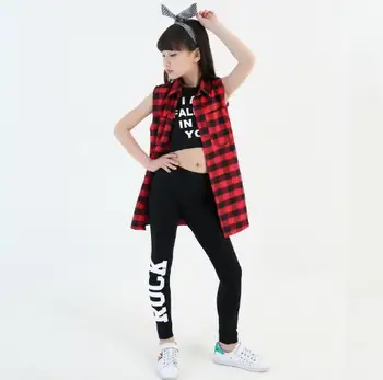 Piger Moderne Jazz, Hip Hop Dancewear Kostumer Sæt til Børn Plaid Pels Afgrøde, Vest, Bukser Teenager Outfits Børn Street Dance Tøj
