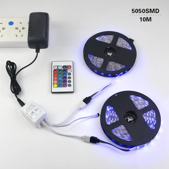 1 sæt RGB LED Strip light 5050 2835 3528 5M 10M Fleksibel LED-lys 300 Lysdioder Tape Diode Bånd Med IR Controller DC12V 3A Adapter