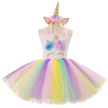 2-12 årige Pige søde nyhed aften kjole barn Unicorn Cosplay Catwalk Kjole Regnbuens farver Splejset Elasticitet personlighed kjole