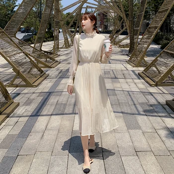 Sort Cremet-hvide Kvinder langærmet Kjole Efterår Forår Bane 2020 koreanske Elegant Lang Kjole Vintage Casual Fest Kjoler Ny