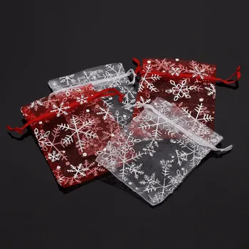 25pcs/pack 9X12cm Sølv Farve Snowflake Smykker Pakning Drawable Jul Organza Pose bryllupsgave Tasker Etuier Pakke