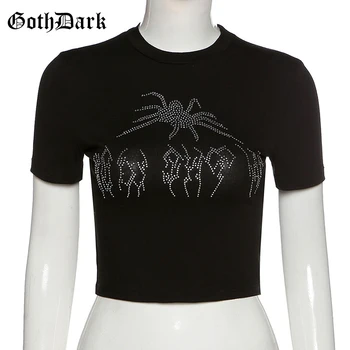 Goth Mørke Rhinestone Gotiske Grunge T-Shirts Mall Goth Punk Style Sort Bodycon Kvinder Crop Tops Korte Ærmer Crewneck Streetwear