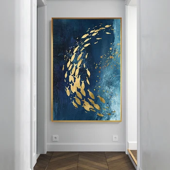 Abstract Guld Fisk Plakat Blue Ocean Bølger Lærred Maleri Print Luksuriøse Væg Kunst Til Stuen Moderne Hjem Decor Uden Ramme