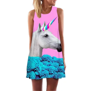 Nye Sommer Unicorn Dress 2020 Tunika uden Ærmer Boho Beach Club Party Dress 3D-Print Sexet Mini Korte Casual Løs Chiffon Kjole