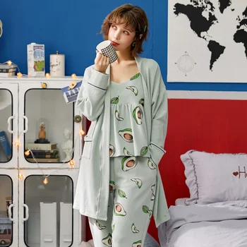 Avocado Print Pyjamas Kvinder Efteråret Ren Bomuld Natkjole Feminine Slynge Bomuld Home Service 3 Piece Suit Badeværelse med Bryst Pad