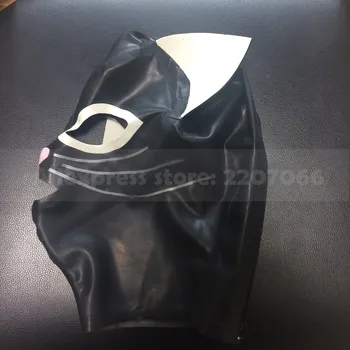 Søde latex gummi kat kvinder emhætter sort hætte, maske med hvide ører tilbage zip-custom made RLM258