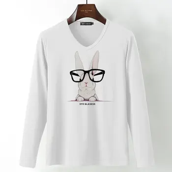 Camisetas Mujer Sommer T-Shirt Afslappet Bomuld Herre Tshirt Tegnefilm Kanin Dyre Print T-Shirts Mandlige Lange Ærmer V-Hals T-Shirts