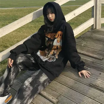 Hooded Sort Ferie kvindelige Ny Kpop Cool High Street Streetwear Sweatshirt Harajuku Toppe Trykt Afslappet kvinder Overdele