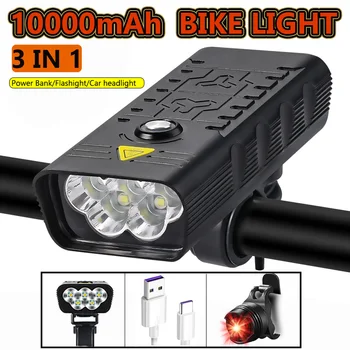 3 in1 10000mAh Cykel Lampe 3000lumen 5*T6 LED Cykel Lys USB-genopladelig Vandtæt Zoom Forlygte Bageste lys MTB Cykel Lys