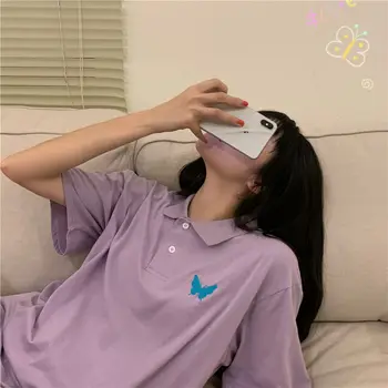 T-shirts Dame Sommer Turn-down Krave Enkelt Breasted Sommerfugl Broderi koreansk Stil Studerende Løs Preppy Pullover 2020