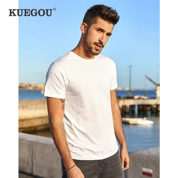 KUEGOU Bomuld kortærmet T-shirt kort ærme mode ren farve forlængelse t-shirts sommeren Off white t-shirt mænd top plus size ST-701