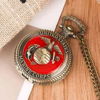 Vintage Forenede Stat Marine Corps Tema Quartz Lommeur Mode Red Souvenir Vedhæng Kæde Militære Se Top Gaver