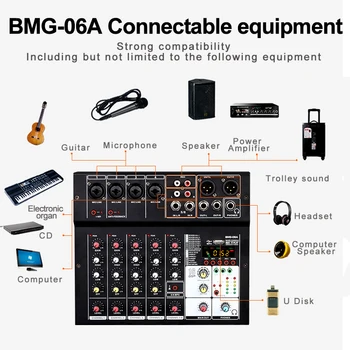 BMG-06A Lyd-Mixer Mixing Console-6 kanals-Audio Interface 16 typer DSP-Effekter / 48V Phantom Power USB Bluetooth MP3