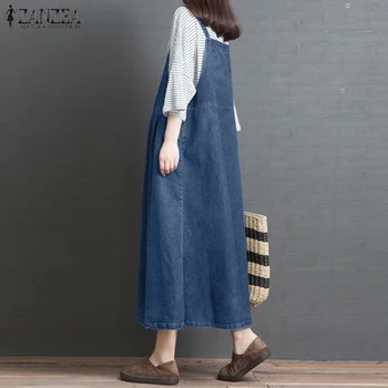 Vintage Denim Blå Samlede Kjole Kvinders Sundress 2021 ZANZEA Casual-Jean (Midi-Vestidos Kvindelige Efteråret Strap Solidt Robe Femme 5XL