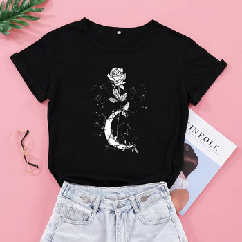 Blomster Trykt Kvinder Moon T-Shirt Goth Grunge Fashion Kort Ærme T-shirts Black Plus Size Toppe Kvindelige Shirts Bomuld Tøj