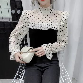 Ezgaga Velvet Patchwork-Shirts Kvinder Koreanske Dot Lang Lanterne Ærme Part Bluse Elegante Kontor Dame Toppe, Mode Blusas