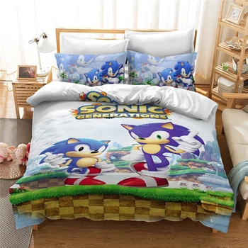 Anime-Sonic The Hedgehog Karakter 3d Bomuld Strøelse Sæt Duvet Cover Sæt med Pudebetræk Europa/USA/Australien Størrelsen Gratis Fragt