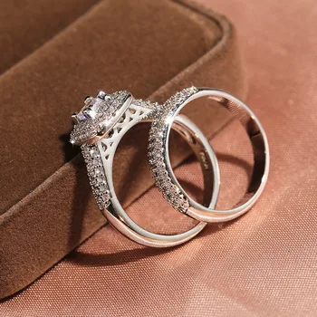 Luksus 2 pc 'er Massiv 925 Sterling Sølv vielsesringe Sæt til Kvinder Stabelbare Finger Ringe Valentine' s Day Gave