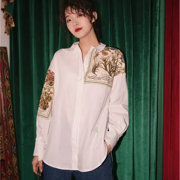LANMREM 2021 efteråret tøj til kvinder Botanik Atlas Udskrivning Hvid Skjorte løs afslappet design langærmet bluse YH07300