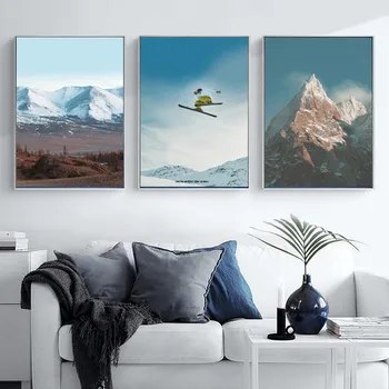 Snow Mountain Liggende Plakat Vinter Bjerg Peak Ski Moderne boligindretning Maleri til Ski Resort Væg Kunst, Dekoration