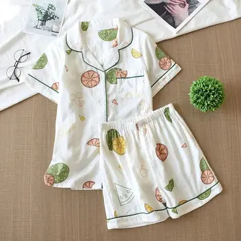 Pyjamas Kvinder, Bomuld, Korte Ærmer Damer Pyjamas Sæt Shorts Søde Friske Frugter Japansk Enkel Nattøj Homewear Pijamas