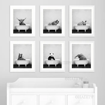 Baby Dyr i Badekarret Plakat Panda Giraf, Elefant, Løve, Gris, Ko Lærred Maleri Børnehave Væg Kunst Billedet Kid'sroom 'Urammet