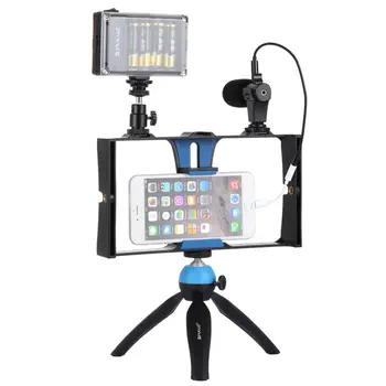 PULUZ Smartphone Video Rig + LED Studio Lys + Video Mikrofon + Mini Tripod Mount Kits med Koldt Sko Stativ Hoved for iPhon