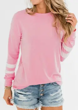 Stribet Splejsning langærmet T-Shirt Pink Toppe Tee Kvinder O Hals, Løs t-Shirts Kvinder Tøj Foråret Efteråret T-shirt Kvindelige Top