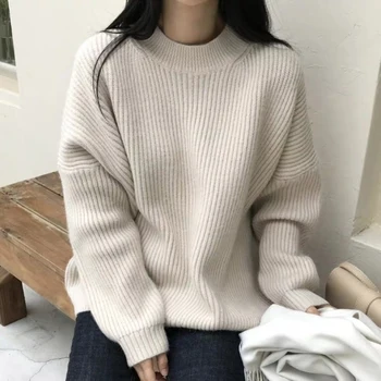 2019 Vinter Tykkere Strikket Pullover Sweater Kvinder med Lange Ærmer O-hals Overdimensionerede Løs Casual Mode koreanske Damer Toppe, Trøjer