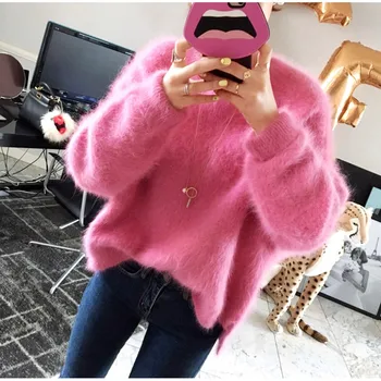 YiLin Kay 2017High kvalitet, Nye Kvinder Vinteren strikket Sweater Mode Bløde Falske Mink Mohair Pullover jumpere Løs Trække Femme