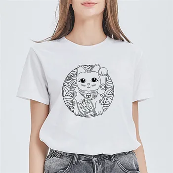 LUSLOS Maneki Neko Trykt Sommeren Kvinder T-Shirts Lucky Cat Harajuku Grafiske Tees Overdele Tee Streetwear Kvinder Tøj