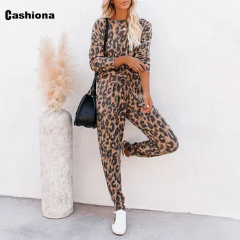 Kvinder Camouflage Leopard Print 2 Delt Sæt Efteråret Langærmet Top Casual Løs Bukser Sæt Damer Snor Træningsdragt Streetwear