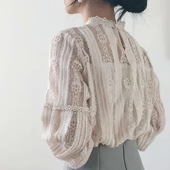 Koreanere Elegant Kvinde med Lange Ærmer Lace Tops Mode Mesh T-shirt Sød Solid O-Hals Kvinder Tøj Casual T-Shirt til Kvinder