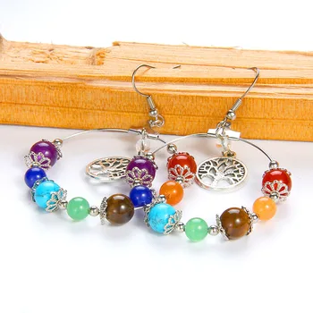Reiki Tree of Life 7 Chakra runde Dråbe Øreringe til kvinder naturlige sten, krystal øreringe, sten, perler boheme øreringe smykker