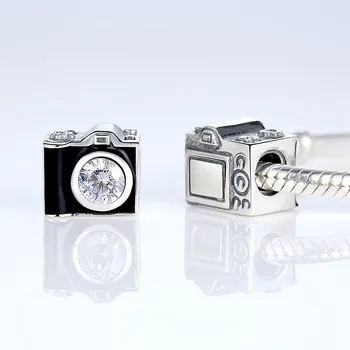 Ægte 925 Sterling Sølv Perle Sort Emalje Kamera Med Crystal Charms passer til Pandora armbånd Armbånd DIY Smykker