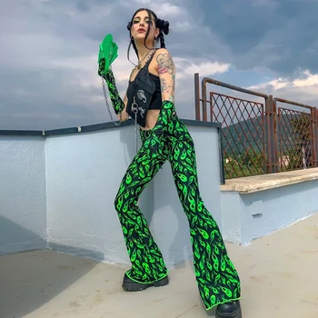 Grøn ild, over print flare pants høj talje bell bottom sommeren sexede kvinder streetwear tøj kvindelige punk bukser