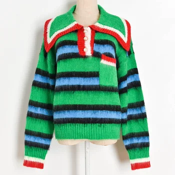 Fall Winter Kvinder Sweater Mode Mohair Stribe Strik Pullover, Turn-Down Krave, Varm Langærmet Kvindelige Preppy Style C-326