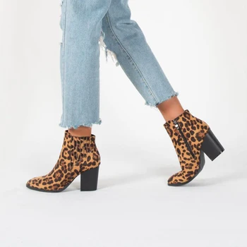 2020 Klassiske Western Cowboy Støvler Kvinder lynlås Leopard Suede Høje Hæle Tøser Støvletter Casual Ankel botas Sko