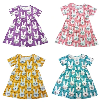 Gratis forsendelse børn børn baby pige Påske style boutique søde kaniner fuld trykt korte ærmer kjole tøj tøj