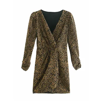 Za 2021 Gold Mini Leopard Dress Women Long Sleeve Winter Woman Dress Vintage Animal Print Ruched Slim Wrap Ladies Party Dresses