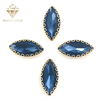 7X15mm Blæk blå Blad form sy på rhinestones guld base med hul lacy kløer glas krystal rhinestone Diy tilbehør til beklædningsgenstande