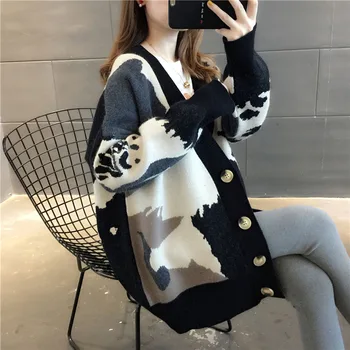 Kvinder Cardigan Knit Sweater Vintage Stilfulde Geometrisk Mønster Slank Afgrøde Top Fashion V-Hals England-Stil Langærmet Overtøj