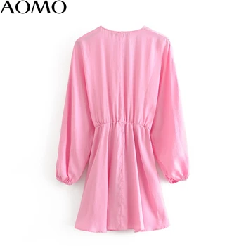 AOMO fashion kvinder solid pink za plisseret kjole v-hals lange ærmer ladies casual løs mini kjole vestidos 3H387A