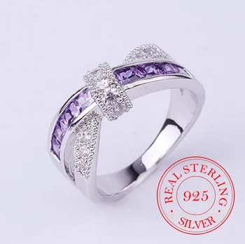925 Sterling Sølv Smykker, Vintage Lilla Krystal Parrets Bryllup Sølv Ringe til Kvinder, Mænd Mode Anel De Prata Bijoux