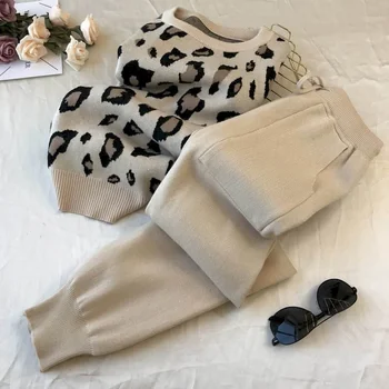 Træningsdragt kvinder 2020 efterår og vinter nye klæder loose montering leopard print sweater fortykket to-stykke strik bukser kvinder trendy