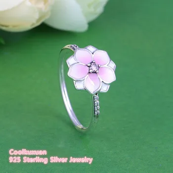 Foråret Bleg Cerise Emalje & Rosa CZ Magnolia Blomstrer Ring 925 Sterling Sølv Blomst Engagement Smykker Ringe Til Kvinder, Piger